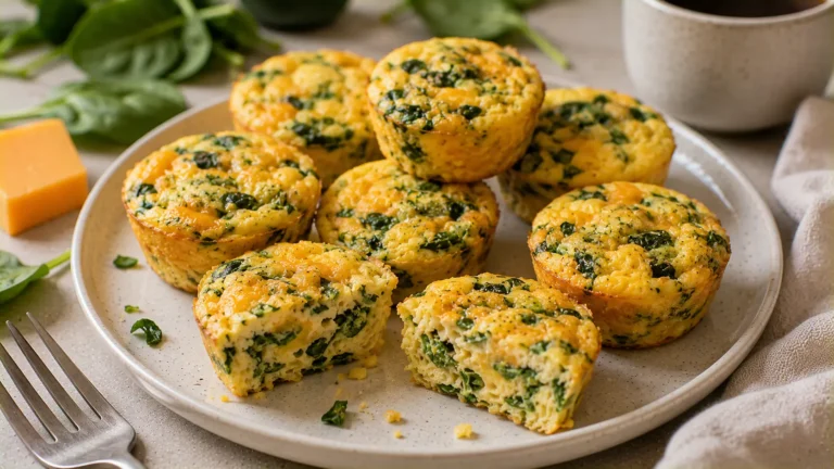 Three-ingredient baked egg cups made with eggs, cheddar cheese and spinach.