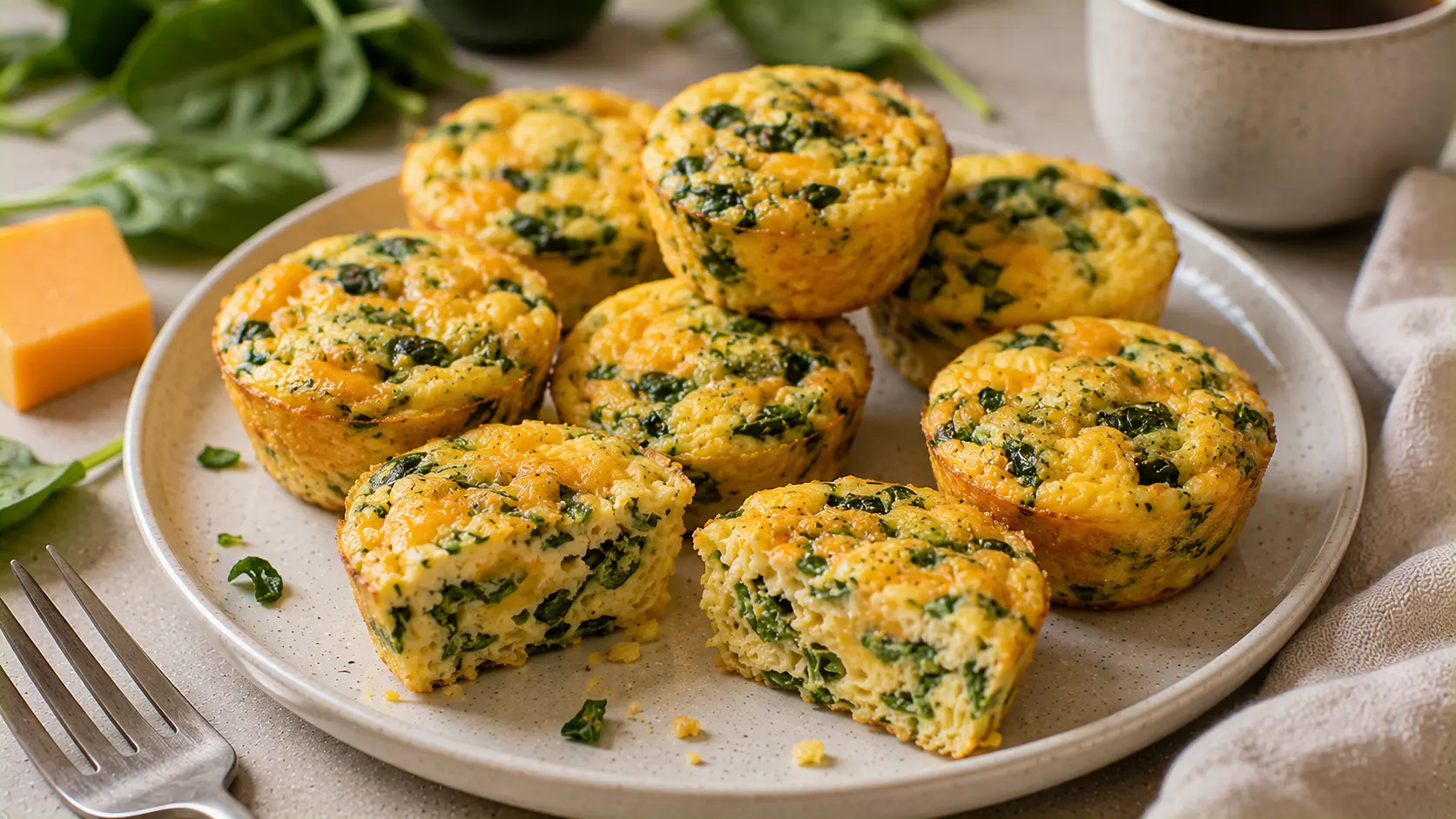 Three-ingredient baked egg cups made with eggs, cheddar cheese and spinach.