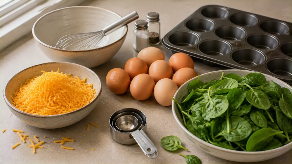 Eggs, shredded cheddar cheese and fresh spinach for three-ingredient baked egg cups.