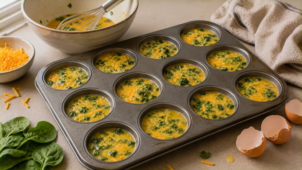 Egg, cheddar and spinach mixture portioned into a muffin pan before baking.