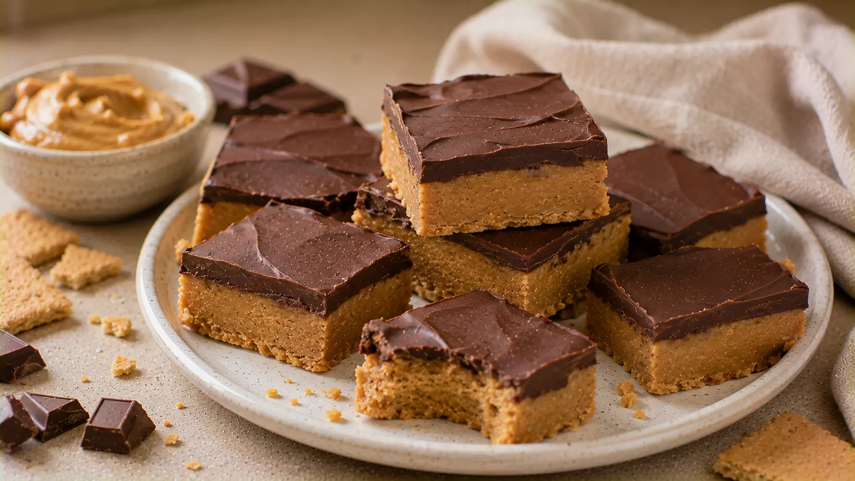 No-bake peanut butter bars with a thick graham cracker peanut butter base and chocolate topping.