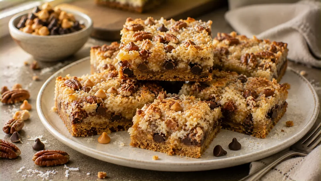 Homemade 7-layer magic cookie bars with chocolate, butterscotch, coconut, pecans and graham cracker crust.