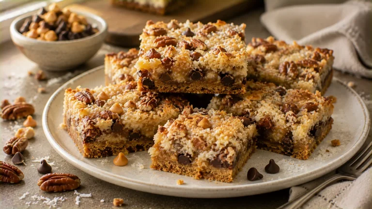 Homemade 7-layer magic cookie bars with chocolate, butterscotch, coconut, pecans and graham cracker crust.