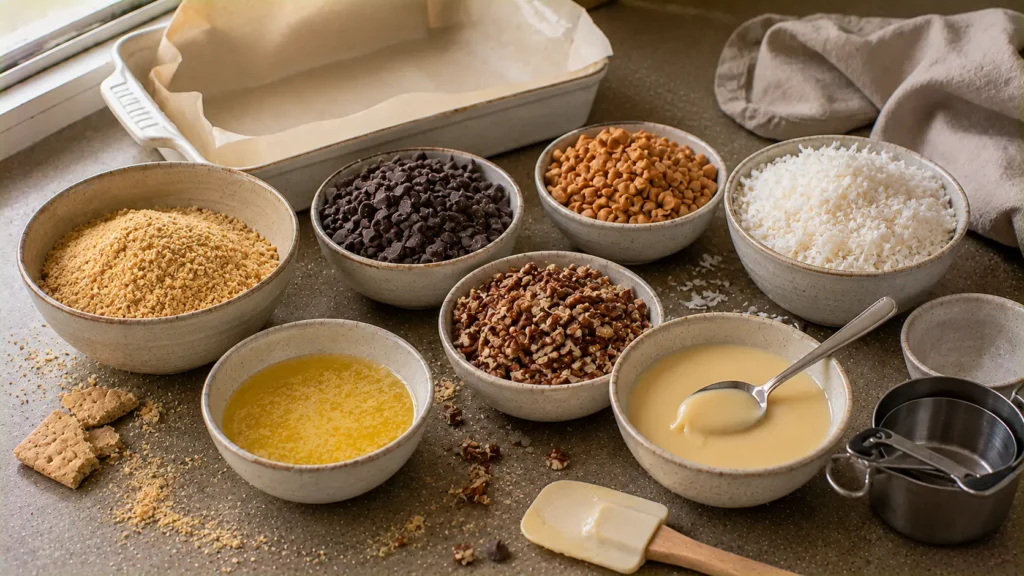 Seven ingredients for magic cookie bars including graham cracker crumbs, chocolate, butterscotch, coconut, pecans and condensed milk.