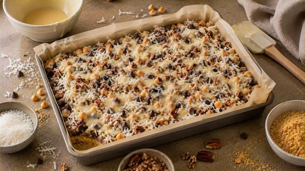 Unbaked 7-layer magic cookie bars topped with chocolate, butterscotch, coconut, pecans and condensed milk before baking.