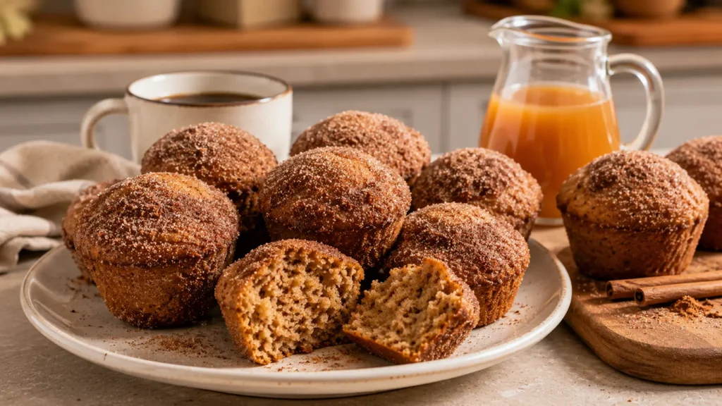 Cinnamon sugar baked apple cider donut muffins with a soft muffin broken open on a serving plate.