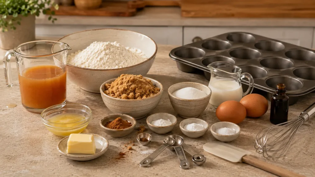 Ingredients for apple cider donut muffins including apple cider, flour, brown sugar, eggs, buttermilk, butter, cinnamon, and nutmeg.