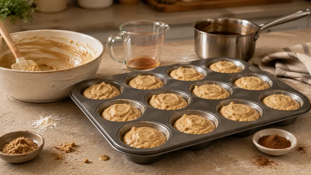 Apple cider donut muffin batter portioned into a muffin pan before baking in a home kitchen.