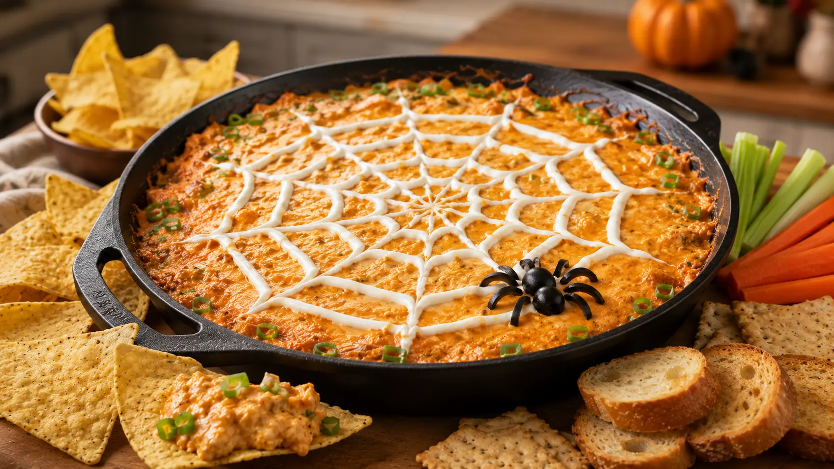 Creamy spider web buffalo chicken dip topped with a sour cream web and served with tortilla chips and vegetables.