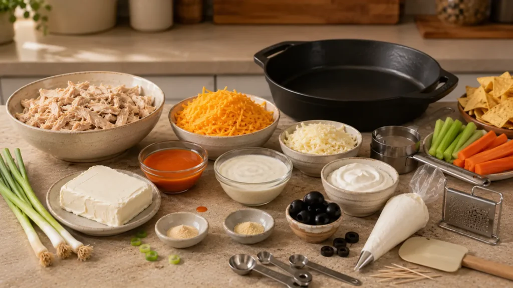 Ingredients for spider web buffalo chicken dip including shredded chicken, cream cheese, buffalo sauce, ranch, cheddar, mozzarella, and sour cream.
