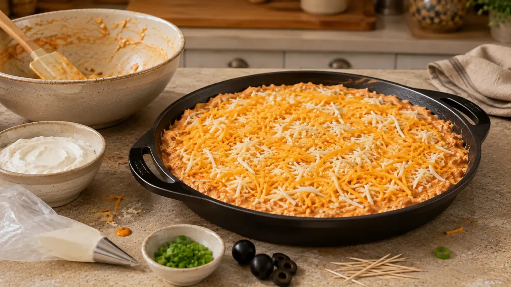 Unbaked buffalo chicken dip topped with shredded cheese in a round baking dish before baking and adding the spider web.