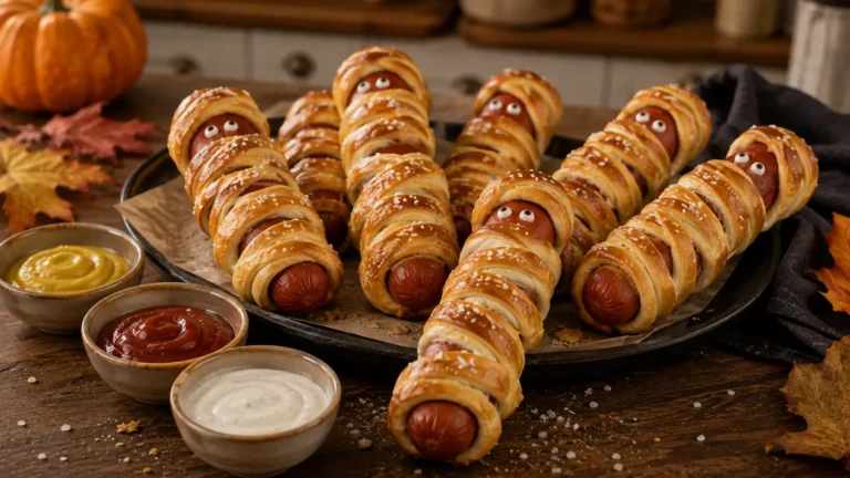 Homemade mummy pretzel dogs wrapped in golden pretzel dough with edible eyes and Halloween dipping sauces.