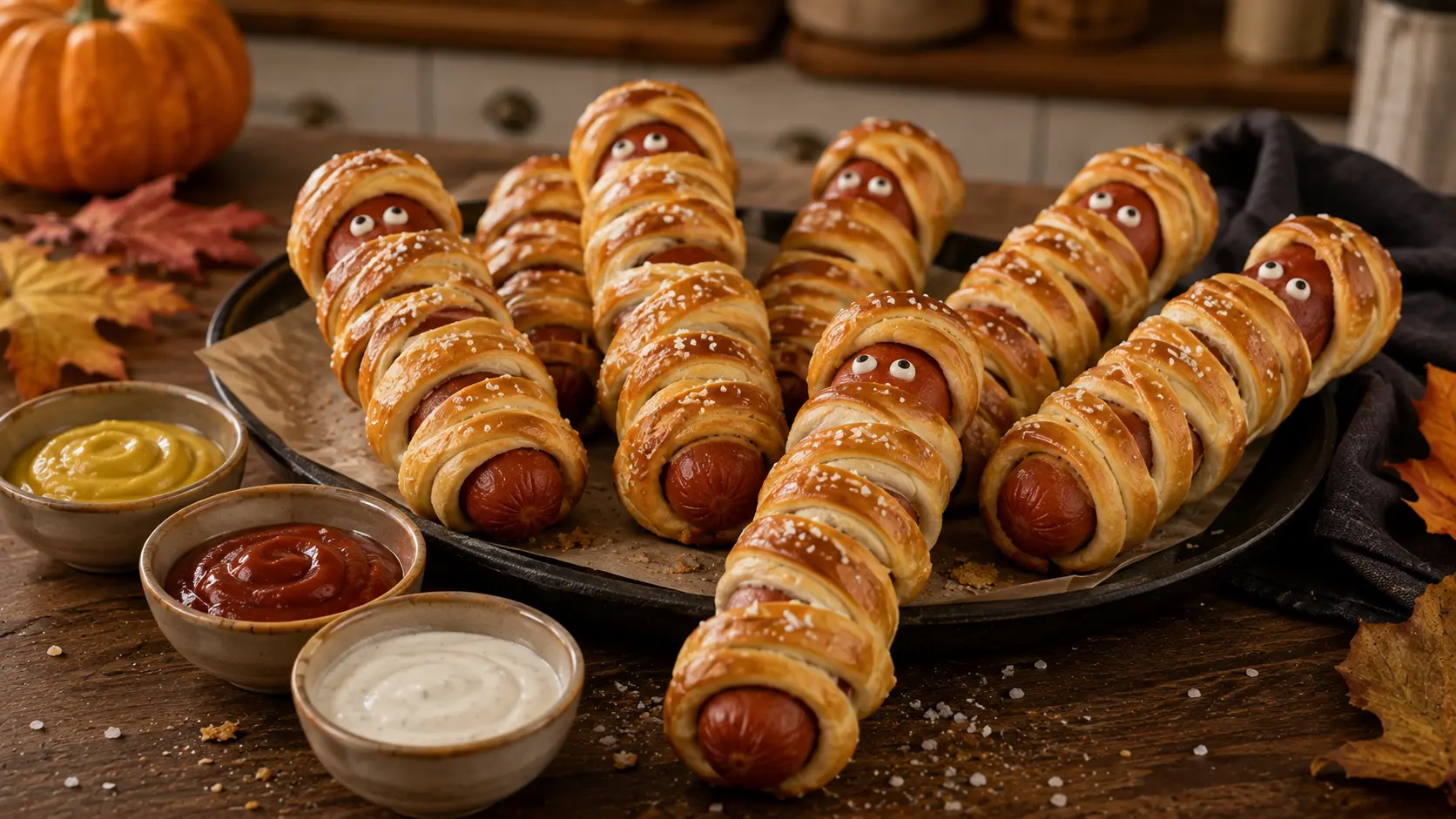 Homemade mummy pretzel dogs wrapped in golden pretzel dough with edible eyes and Halloween dipping sauces.