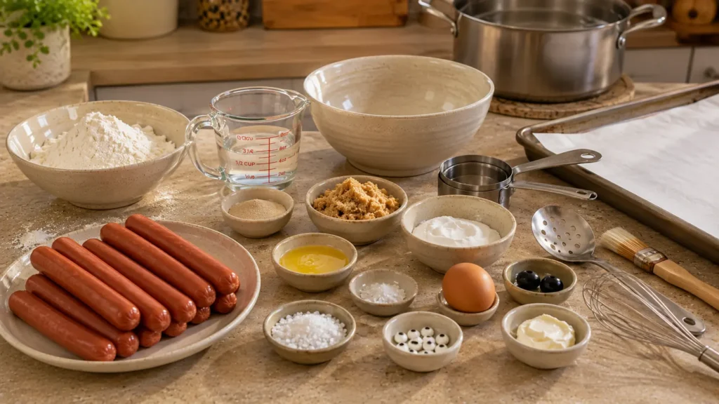 Ingredients for mummy pretzel dogs including hot dogs, flour, yeast, butter, baking soda, egg, and pretzel salt.