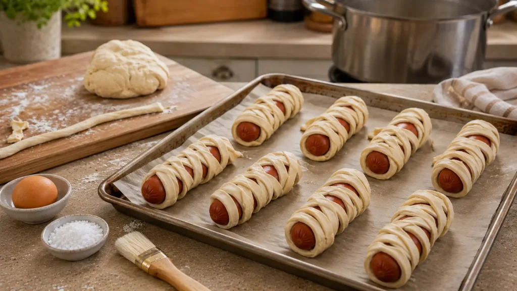 Unbaked mummy pretzel dogs wrapped in raw homemade pretzel dough on a parchment-lined baking sheet before boiling and baking.