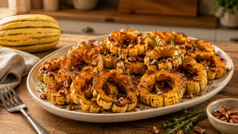Caramelized brown sugar roasted delicata squash rings with cinnamon, fresh thyme, and toasted pecans.