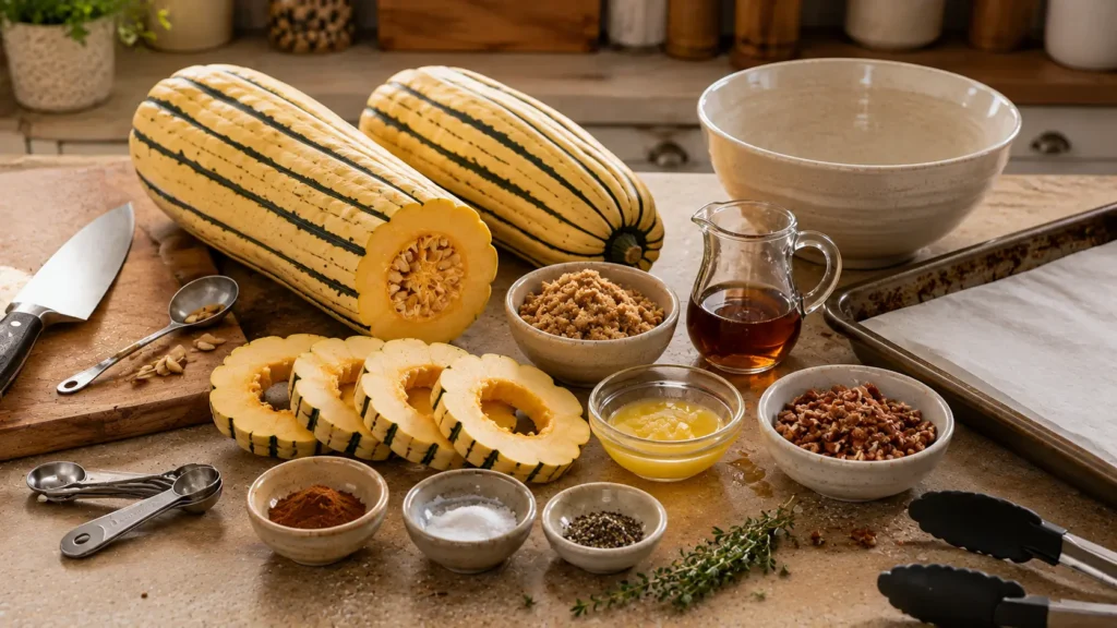 Ingredients for brown sugar roasted delicata squash including whole delicata squash, brown sugar, butter, maple syrup, cinnamon, thyme, and pecans.