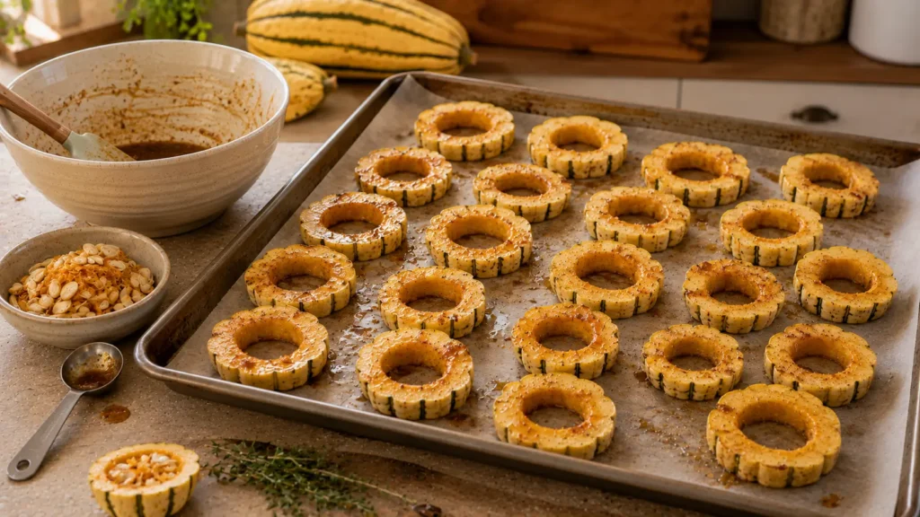 Raw delicata squash rings coated with brown sugar, maple syrup, butter, and cinnamon on a baking sheet before roasting.

Select 81 more words to run Humanizer.