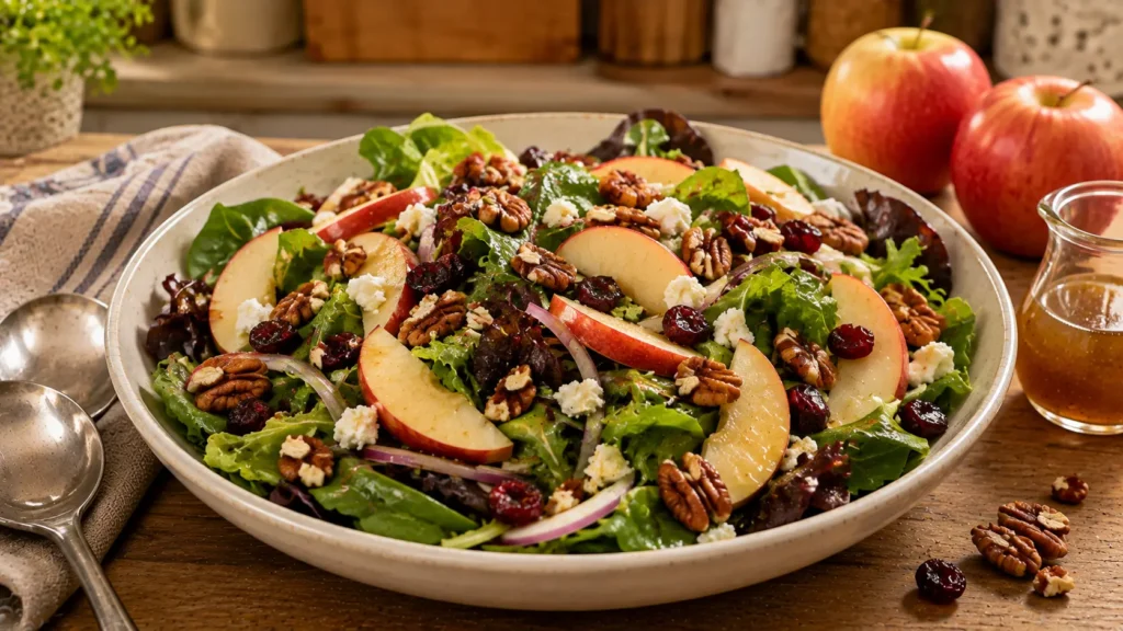Fresh apple pecan salad with crisp apples, toasted pecans, dried cranberries, creamy cheese, and maple vinaigrette
