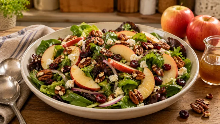 Fresh apple pecan salad with crisp apples, toasted pecans, dried cranberries, creamy cheese, and maple vinaigrette