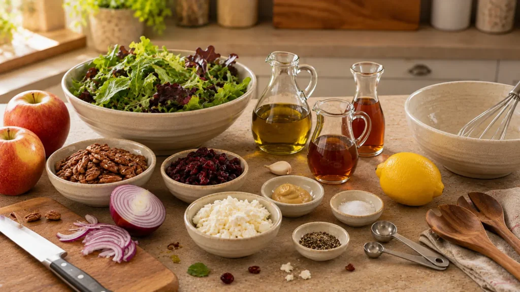 Ingredients for apple pecan salad with maple vinaigrette including apples, mixed greens, pecans, cranberries, cheese, maple syrup, and apple cider vinegar.