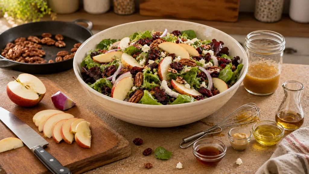 Undressed apple pecan salad beside freshly prepared maple vinaigrette before tossing and serving.
