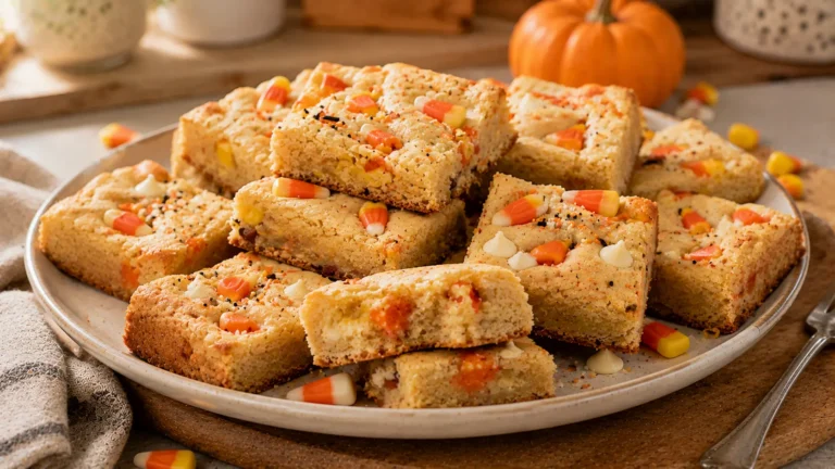 Soft Candy Corn Sugar Cookie Bars with colorful candy corn pieces and Halloween sprinkles on a serving platter.