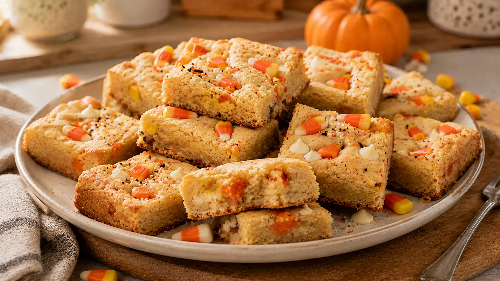 Soft Candy Corn Sugar Cookie Bars with colorful candy corn pieces and Halloween sprinkles on a serving platter.