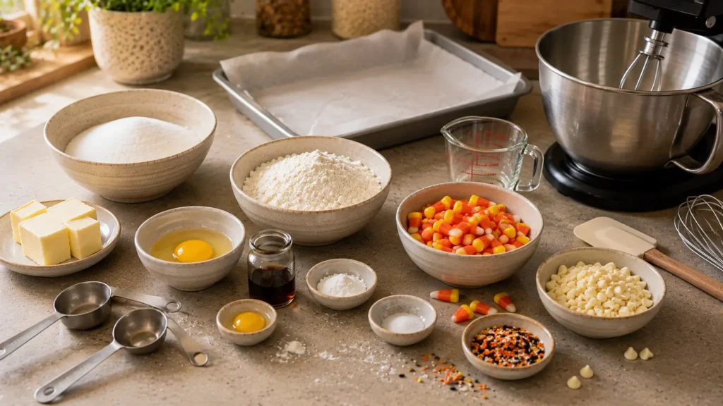 Ingredients for Candy Corn Sugar Cookie Bars including butter, sugar, eggs, vanilla, flour, candy corn, and Halloween sprinkles.