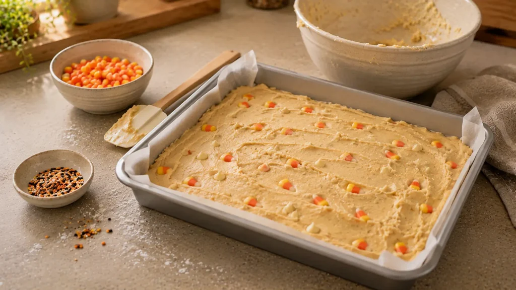 Raw sugar-cookie dough with candy corn pressed into a parchment-lined baking pan before baking.