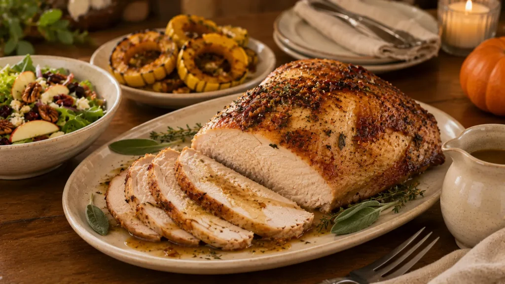 Brown butter sage roasted turkey breast for two with golden crispy skin, fresh herbs, and juicy carved slices.