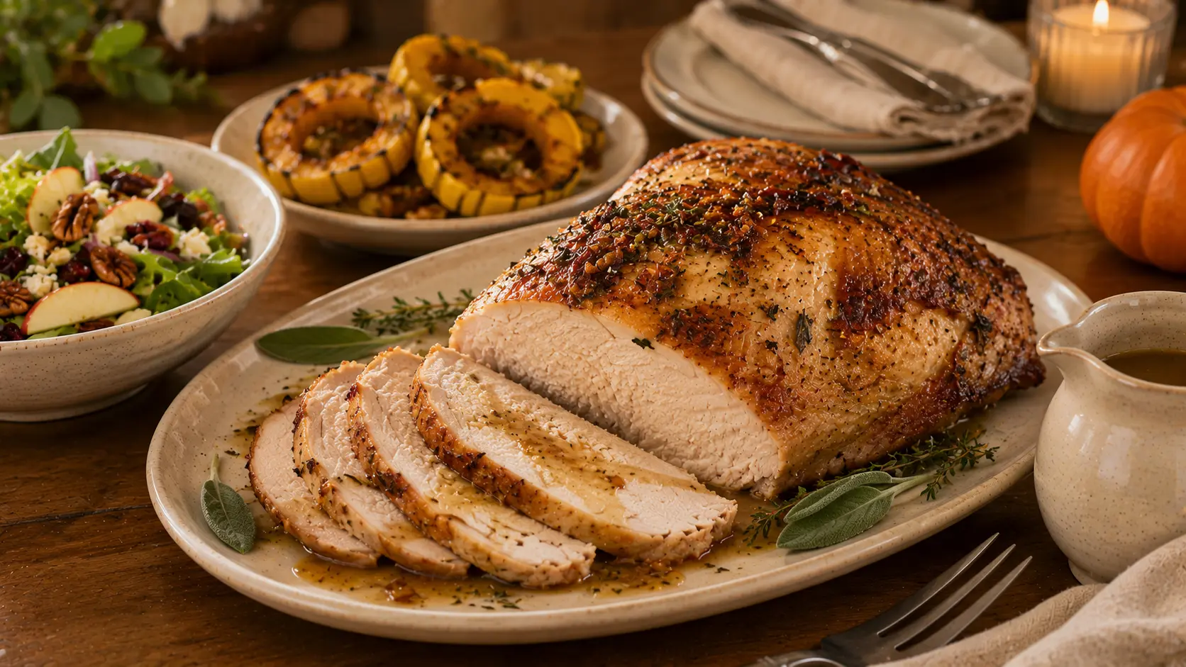 Brown butter sage roasted turkey breast for two with golden crispy skin, fresh herbs, and juicy carved slices.