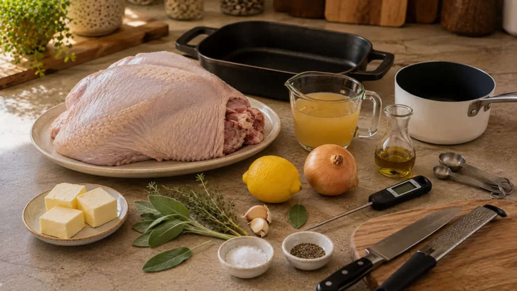 Ingredients for brown butter sage turkey breast including bone-in turkey breast, butter, fresh sage, thyme, garlic, lemon, onion, and broth.