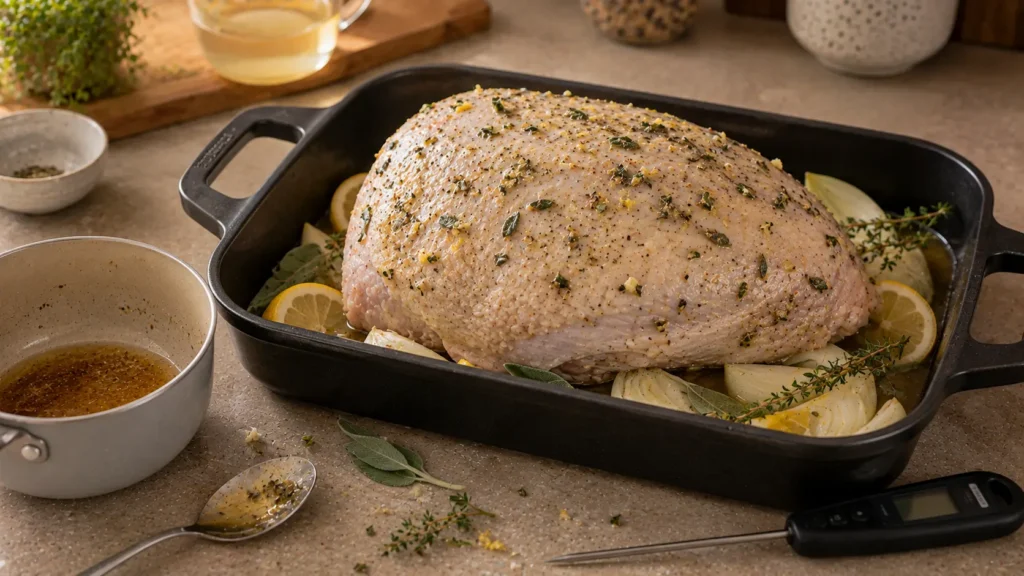Raw turkey breast coated with brown butter, sage, thyme, garlic, and lemon in a roasting pan before cooking.