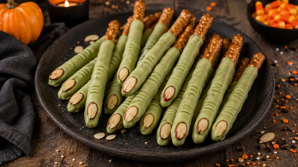 Spooky Witch Finger Pretzel Rods coated in green white chocolate with sliced almond fingernails for an easy Halloween treat.