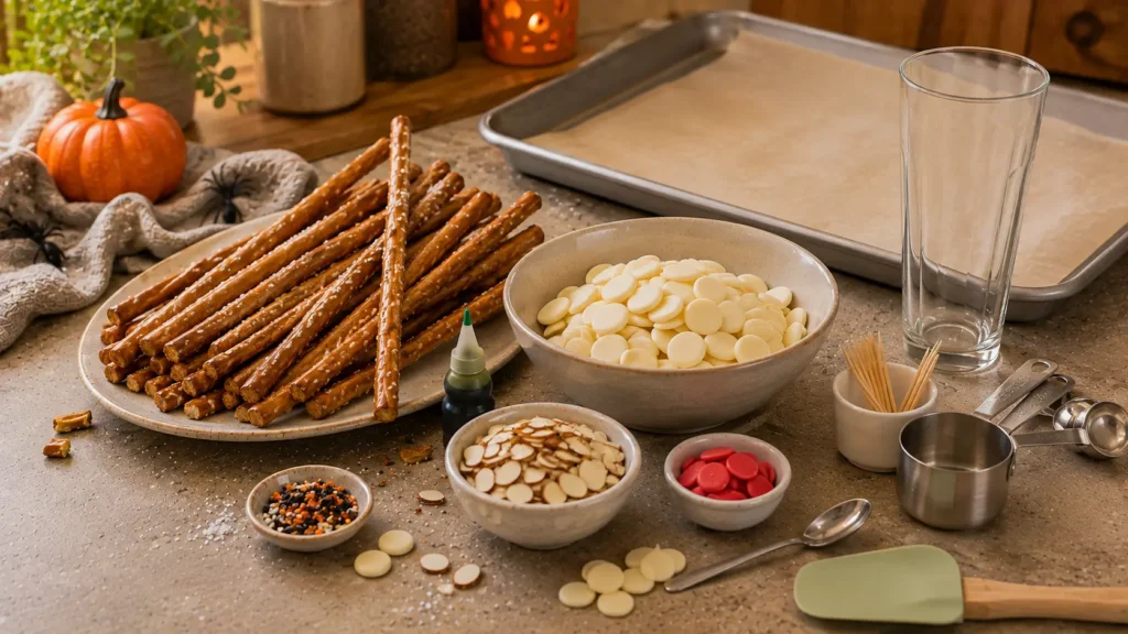 Ingredients for Witch Finger Pretzel Rods including pretzel rods, white chocolate, green candy coloring, sliced almonds, and red candy melts.