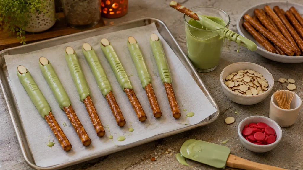 Green chocolate-dipped pretzel rods with sliced almond fingernails setting on parchment during Halloween treat preparation.