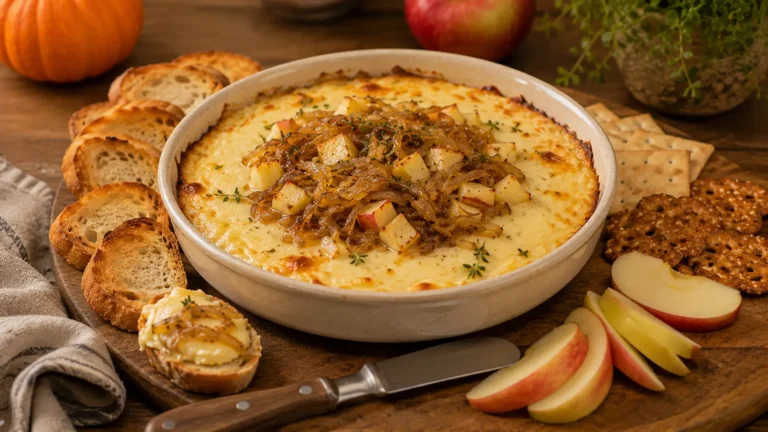 Warm caramelized onion and apple cheese dip with melted cheddar, Gruyère, fresh thyme, and toasted baguette slices.