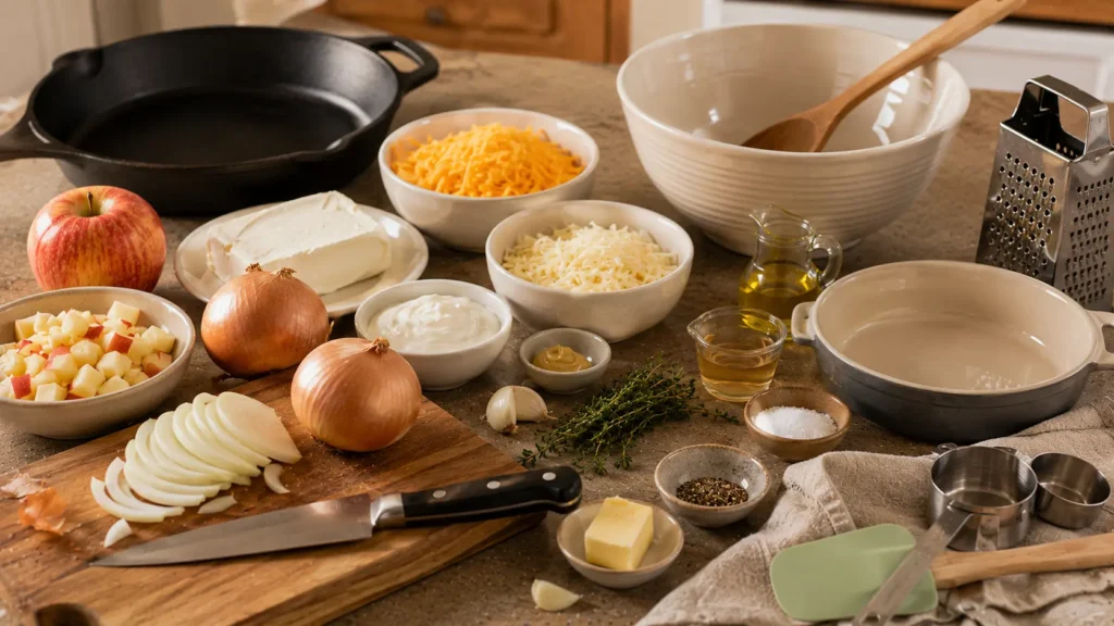 Ingredients for caramelized onion and apple cheese dip including apples, onions, cream cheese, cheddar, Gruyère, thyme, and Dijon.