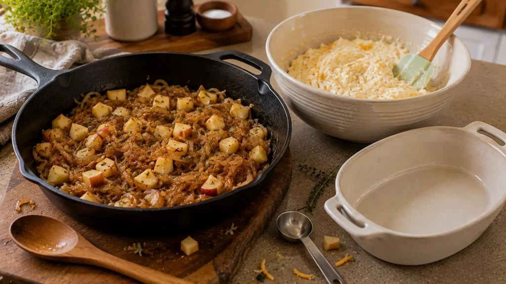 Caramelized onions and sautéed apples beside the creamy cheese mixture before assembling and baking the dip.
