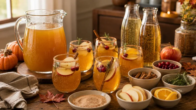 Non-alcoholic Spiced Apple Cider Mimosa Bar with sparkling apple drinks, fresh apples, cranberries, cinnamon, orange, and rosemary.