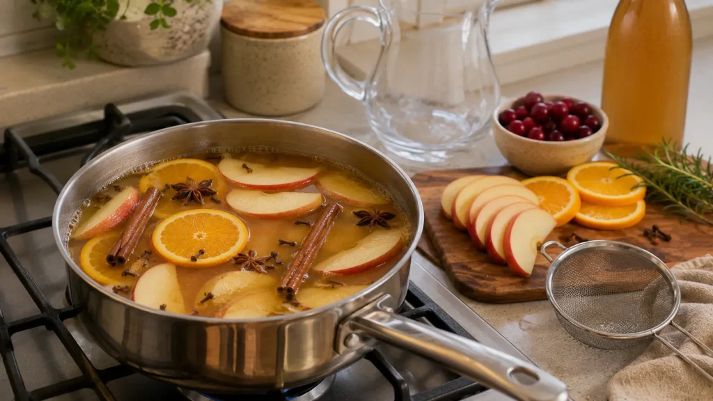 Apple cider gently infusing with cinnamon sticks, star anise, cloves, fresh apples, and orange slices before chilling.