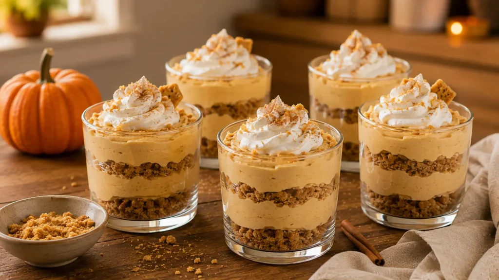 Easy no-bake pumpkin cheesecake cups layered with graham cracker crumbs, creamy pumpkin cheesecake filling, and whipped cream.
