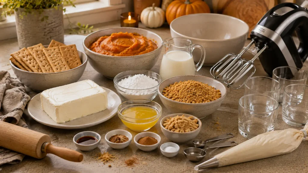 Ingredients for no-bake pumpkin cheesecake cups including pumpkin puree, cream cheese, graham crackers, heavy cream, powdered sugar, and pumpkin spice.