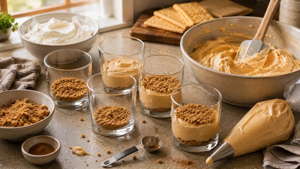 No-bake pumpkin cheesecake cups being layered with graham cracker crumbs and creamy pumpkin filling before chilling and decorating.