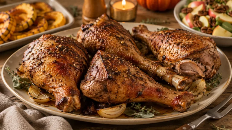 Crispy garlic herb butter roasted turkey legs with golden skin, fresh herbs, roasted onions, and savory pan juices.