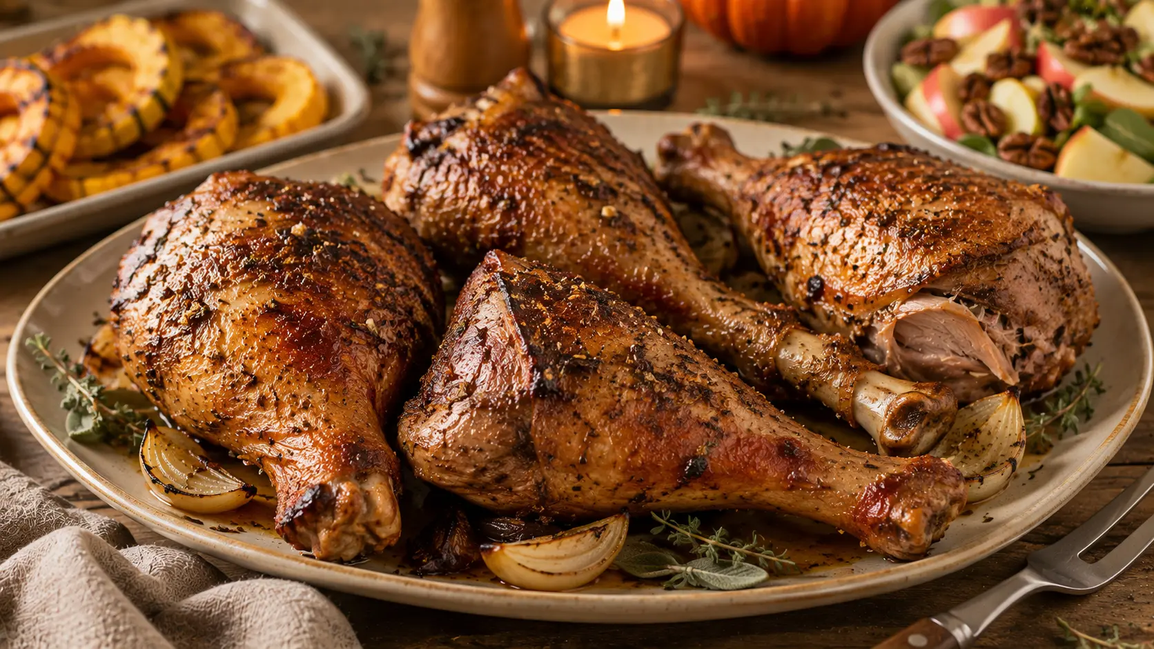 Crispy garlic herb butter roasted turkey legs with golden skin, fresh herbs, roasted onions, and savory pan juices.