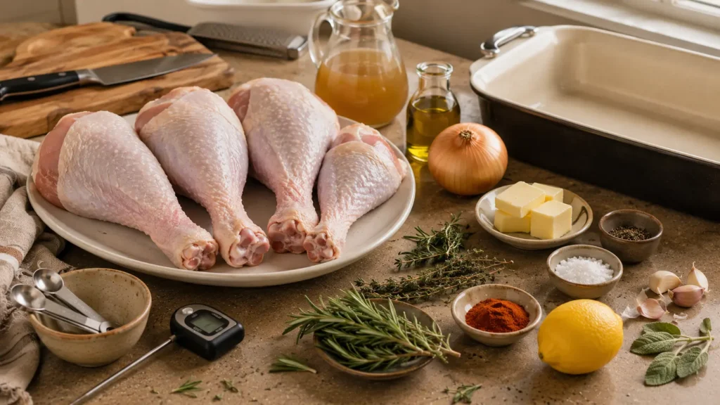 Ingredients for roasted turkey legs including raw turkey legs, butter, garlic, rosemary, thyme, sage, lemon, onion, and broth.