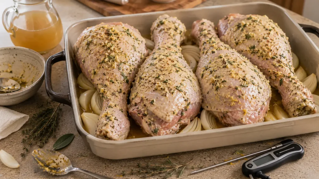 Raw turkey legs coated with garlic herb butter and arranged with onions in a roasting pan before cooking.