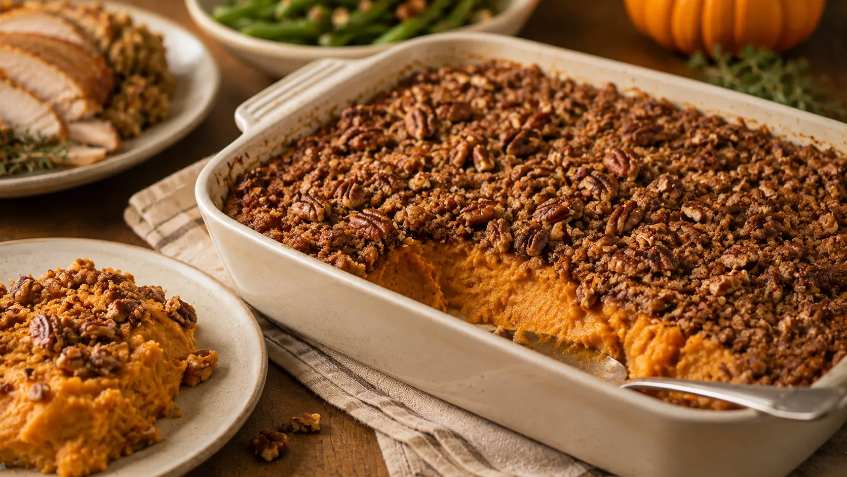 Brown sugar pecan sweet potato casserole with creamy mashed sweet potatoes and a crunchy golden pecan streusel topping.